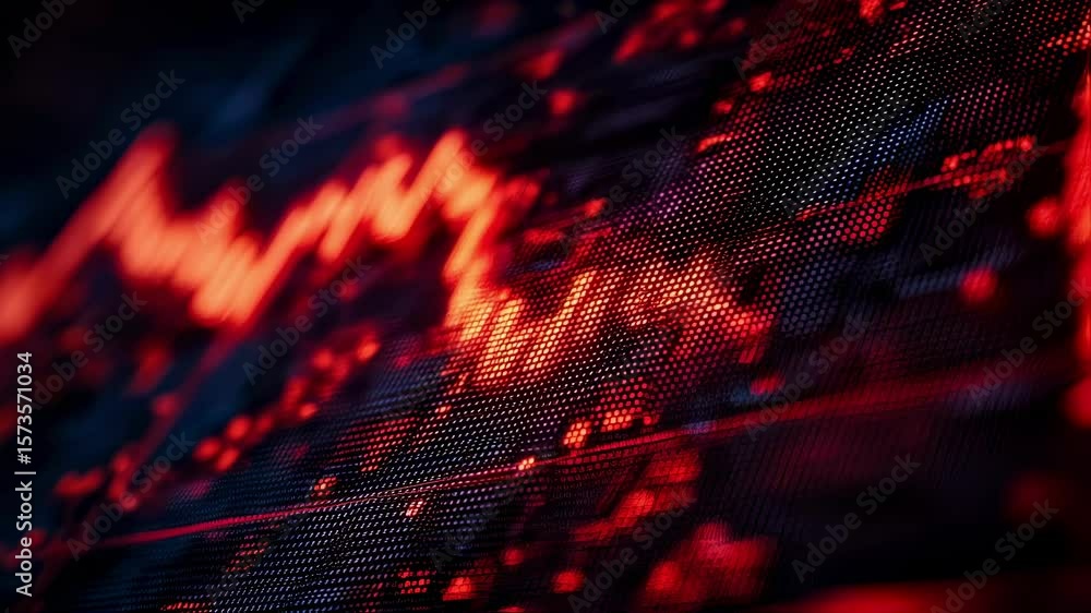 Poster closeup of a digital trading screen displaying alarming downward trends and red arrows emphasizing t
