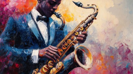 Vibrant oil painting of a saxophone player in a tuxedo amidst abstract colors