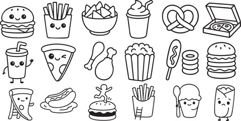 Cute Fast Food Characters in Fun Poses Black and White Line Art for Kids Coloring Book | Generative AI