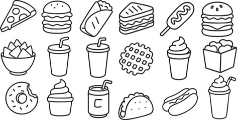 Cute Fast Food Characters in Fun Poses Black and White Line Art for Kids Coloring Book | Generative AI