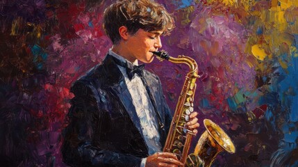 Expressive Oil Painting of Young Saxophonist in Concert Attire with Vivid Backdrop