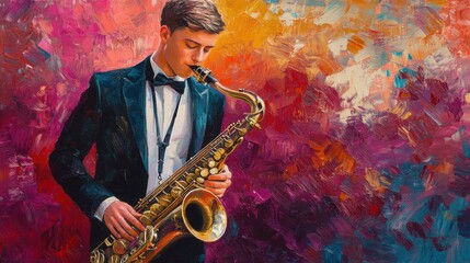 Expressive Artwork Depicting a Saxophonist in Vibrant Hues and Energetic Strokes