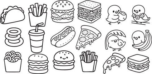 Cute Fast Food Characters in Fun Poses Black and White Line Art for Kids Coloring Book | Generative AI