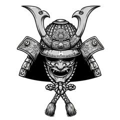 Illustration of Silver Samurai Mask Helmet Ancient Japanese Warrior Culture