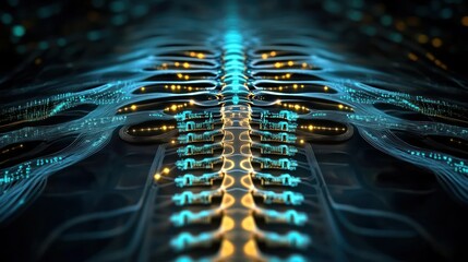 Complex network structure, glowing turquoise and gold