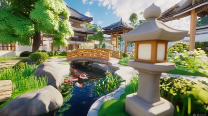 Obraz premium Peaceful Japanese garden with a small bridge over a stream. Lush greenery, stone landscaping, and a traditional lantern