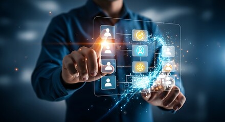 Leadership and delegation concept. A leader points to a holographic organization chart, assigning tasks to a virtual team for effective management.