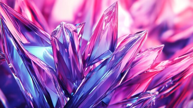 Abstract vibrant crystal cluster, close-up of faceted shards in fuchsia, violet, and turquoise