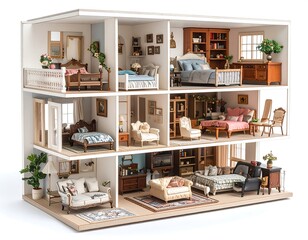 Exquisitely detailed dollhouse showcases intricate miniature furniture, rooms, and décor, offering a glimpse into luxurious small-scale living.