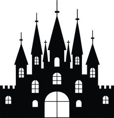 Silhouette of a grand gothic castle with multiple spires and arched windows