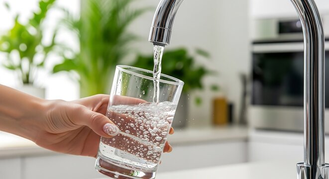 A woman's hand fills a glass with tap water from a chrome faucet in a bright kitchen. Bubbles indicate the water is aerated or possibly carbonated.