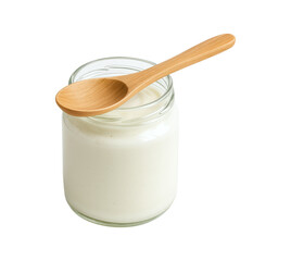 Glass Jar of Coconut Cream with Wooden Spoon, Isolated on Transparent and White Background
