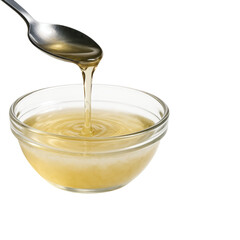 Liquid Coconut Oil Pouring from a Spoon into a Bowl, Isolated on Transparent and White Background