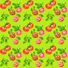 トマトとバジルのイタリアンなシームレスパターン　手描き水彩イラスト背景素材