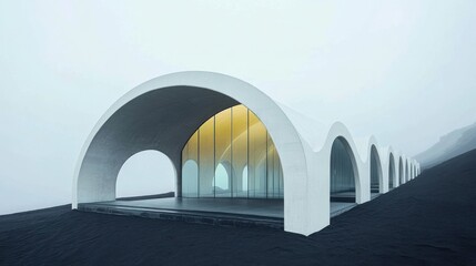 Modern white arched structures on dark volcanic terrain