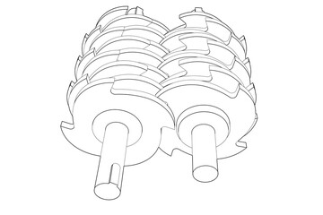 Wireframe Depiction of dual industrial shredder rotors, showcasing a Technical Drawing of gears. This Simple Line Art provides an Outline Illustration of mechanical components in a Monochrome style,