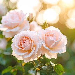 Delicate pink roses in sunlight