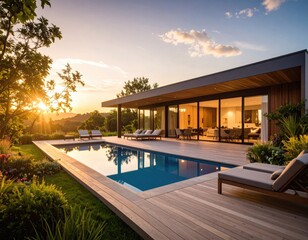 Fototapeta premium Modern home with pool at sunset