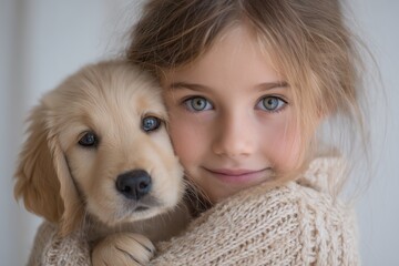 A tender portrait of a smiling young girl embracing her adorable golden retriever puppy showcasing the pure bond between child and pet with warm natural light background
