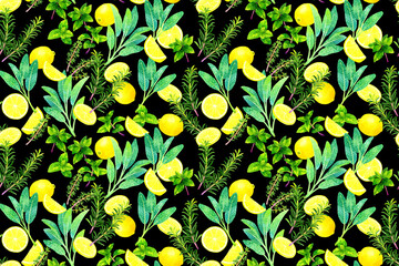 デトックスウォーターなシームレスパターン（ハーブ＆レモン）　手描き水彩イラスト背景素材 © 一色いっさ