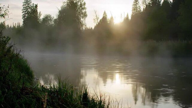Misty River At Sunrise Through Forest Reflection On Calm Waters