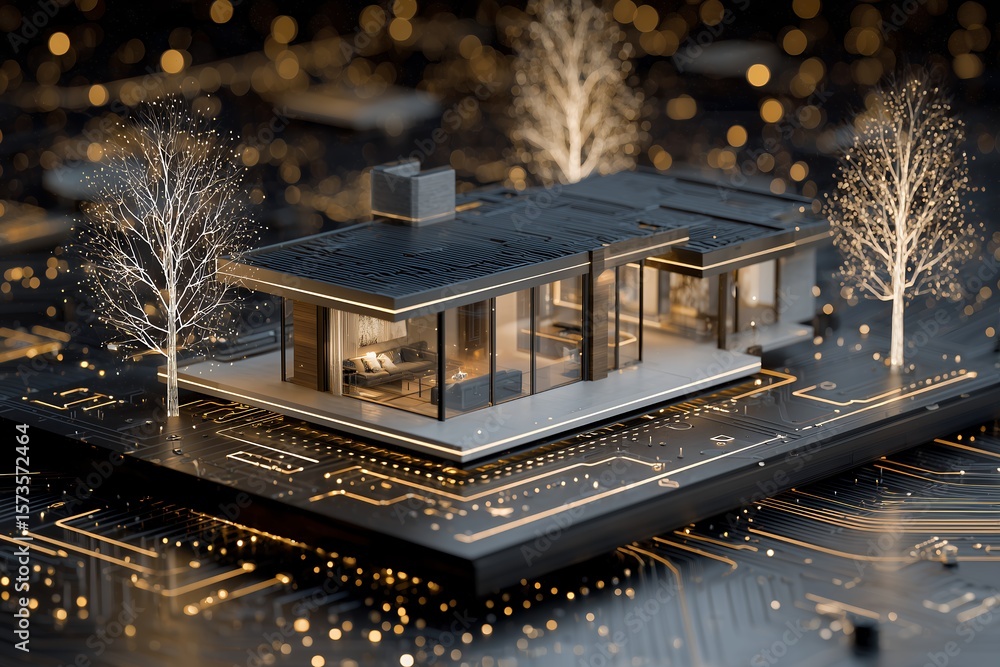 Poster high tech house built on digital circuitry illustrating modern architecture smart living and future 