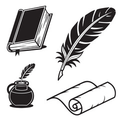 Black inkwell with quill book and scroll writing