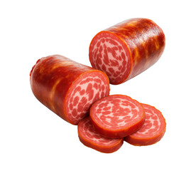 Sliced and Whole Smoked Sausage, Isolated on Transparent and White Background