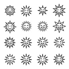 Smiling sun icons on white isolated background