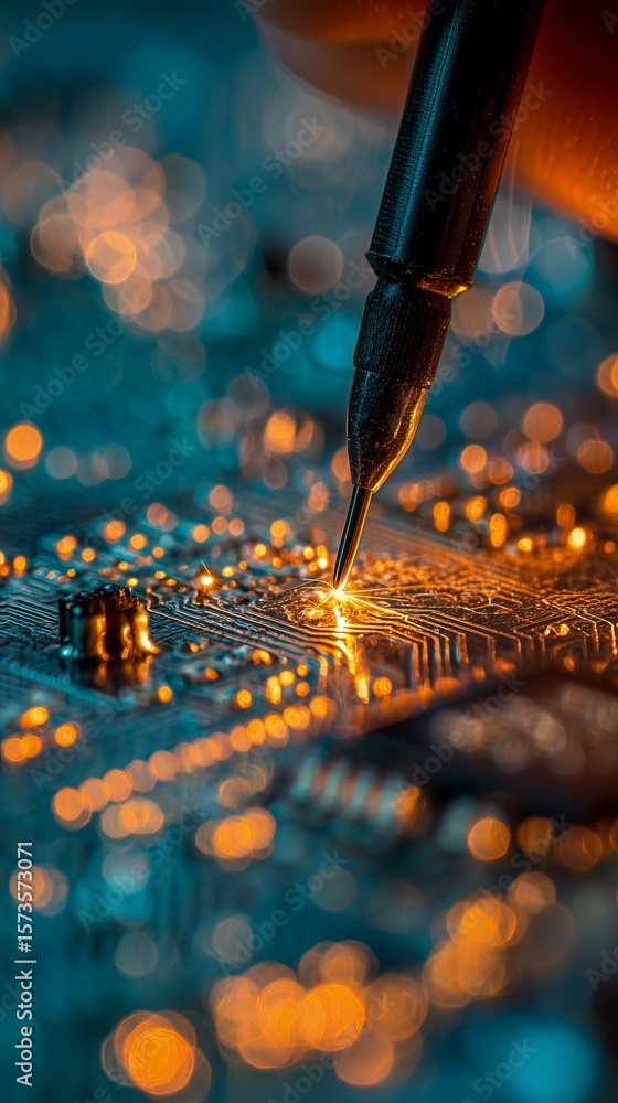 Poster precision soldering action on a complex electronic circuit board showcasing technical skill and mode