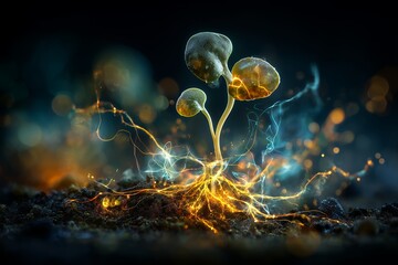 Naklejka premium Futuristic Plant Power Seedling Absorbing and Emitting Vibrant Electric Energy from Soil Roots Illustrating Organic Technology and Nature Interconnection