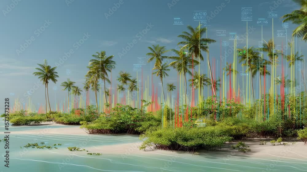 Poster starting with a closeup of a thriving mangrove ecosystem colorful animated graphs and digital gauges