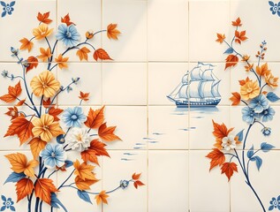 Floral and Sailing Ship Tile Design