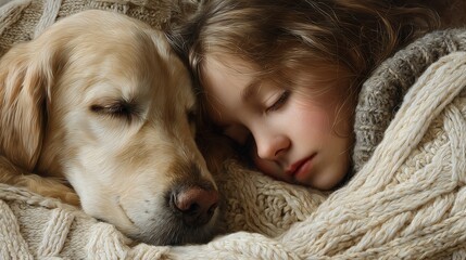 Young Child and Loving Golden Retriever Dog Sleeping Soundly Together Embraced in Warm Knit Blanket Cozy Nap Time with Beloved Pet Friendship and Comfort Relaxing Moment at Home
