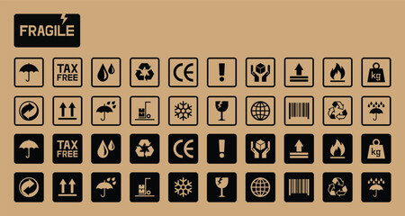 Fragile package icons set, handle with care logistics and delivery shipping labels vector illustration.
