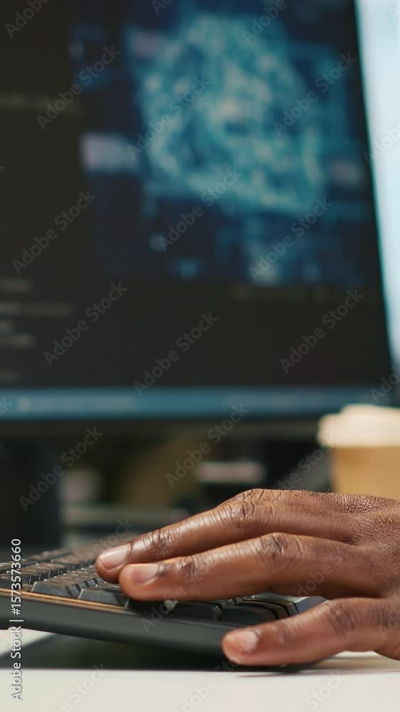 Poster vertical video system administrator at office desk developing software applications using ai automat