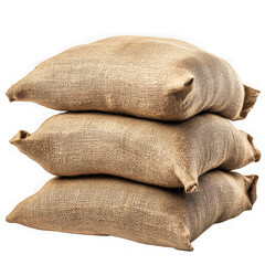 A stack of three burlap sacks piled on top of each other against a plain black background in studio shot on transparent background