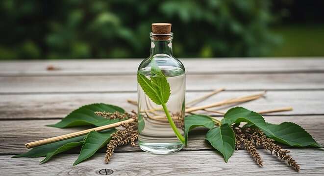 Clear bottle with plant infusion, leaves, and seeds on wooden table.
