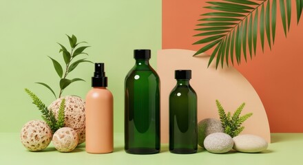 Natural skincare products arranged with organic elements and tropical leaves