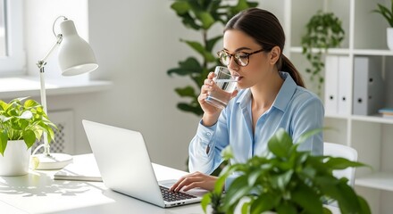 A businesswoman sits at her desk, drinking water while working on her laptop. The office is bright, modern, and filled with plants. She appears focused and professional. © Ray