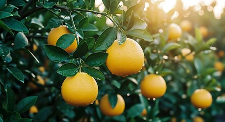 Close up of a Citrus sinensis tree with ripe oranges and green leaves