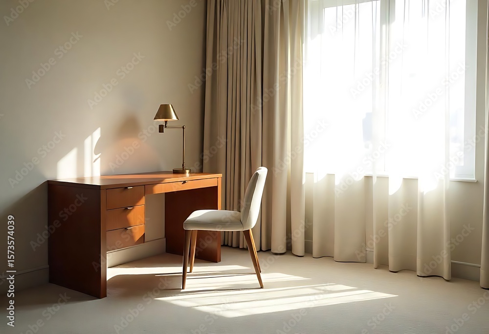 Poster generative ai serene study space bathed in sunlight filtering through sheer curtains