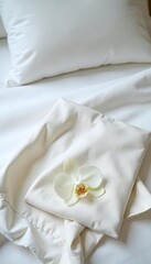 Generative AI Serene white orchid blossom gracefully placed on soft clean hotel bedding