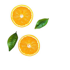 Two orange slices and two green leaves arranged on a plain black background in a simple still life on transparent background