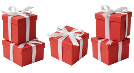 Fototapeta premium Isolated Pile of Red Present Boxes with White Ribbon Bow PNG Image