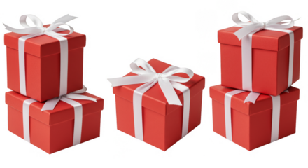 Isolated Pile of Red Present Boxes with White Ribbon Bow PNG Image