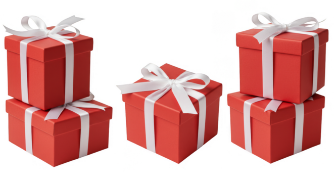 Isolated Pile of Red Present Boxes with White Ribbon Bow PNG Image