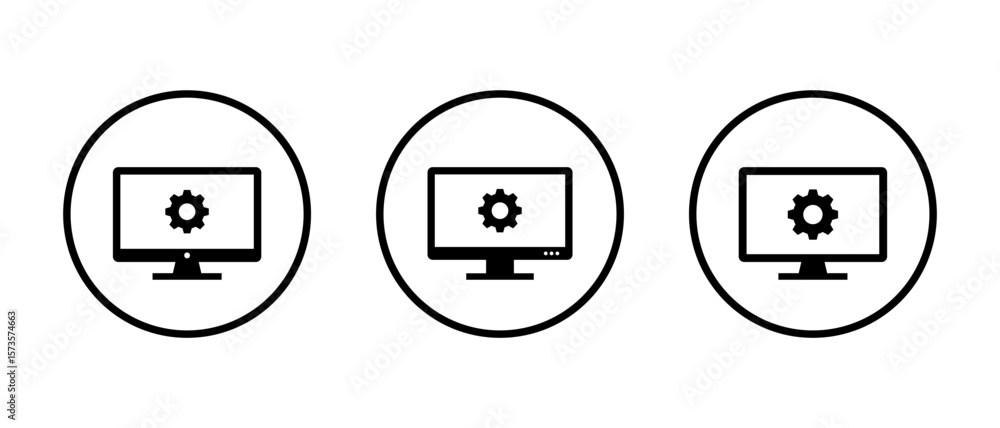 Poster desktop monitor icon with gear symbol. computer settings and system configuration concept inside cir