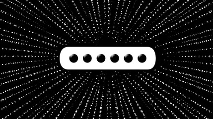 Black and white graphic, a horizontal oblong shape with circles, surrounded by converging dots