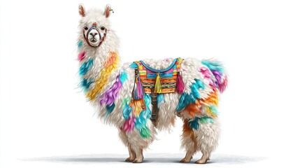 A brightly colored llama, with a saddle, stands proudly against a clean white background